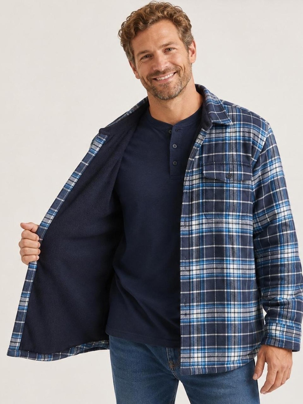 L.L. Bean Traditional Fit Fleece-Lined Flannel Shirt Jacket Plaid Blue L